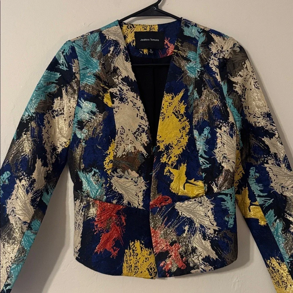 Jealous Tomato Women's‎ Abstract Metallic Brocade Open Front Blazer Multi Size S